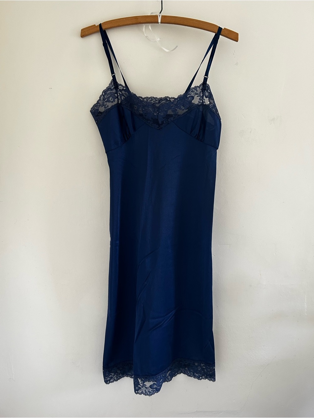 Vintage Navy Blue Lace-Trim Spaghetti Strap Chemise Nightgown Slip XS